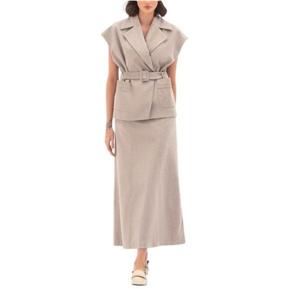 BGL ||‎ Belted Skirt + Jacket Vest Set Suit Beige Tan Large